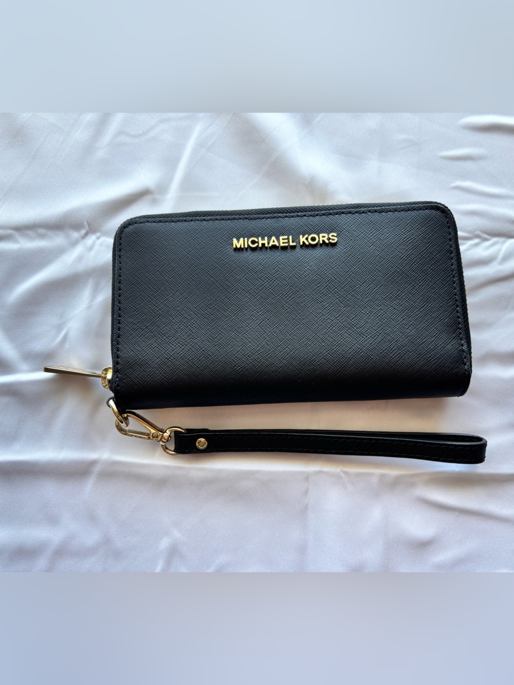 Michael Kors Black Saffiano Continental Wristlet Wallet with Gold Logo